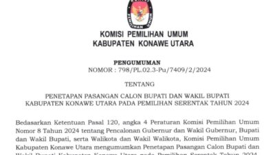 KPU Konut Tetapkan Dua Pasangan Calon Pada Pilkada 2024 