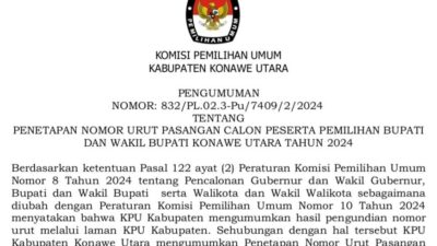 KPU Konut Tetapkan Nomor Urut Pasangan Calon Bupati dan Wakil Bupati Pada Pilkada 2024